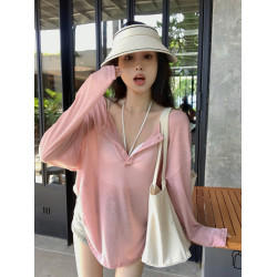 PPHOME甜糯禮頌~設計感薄款防曬罩衫T恤女夏季長袖灰色寬松上衣潮