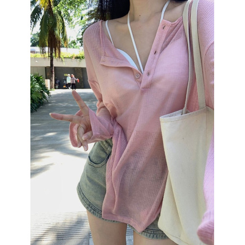 PPHOME甜糯禮頌~設計感薄款防曬罩衫T恤女夏季長袖灰色寬松上衣潮