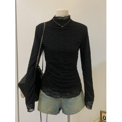 法式半高領正肩修身長袖打底衫女秋冬加絨蕾絲木耳邊內搭別致上衣