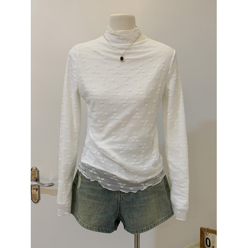 法式半高領正肩修身長袖打底衫女秋冬加絨蕾絲木耳邊內搭別致上衣