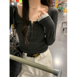 灰色德絨方領正肩長袖T恤女秋冬ins設計感復古氣質內搭打底上衣潮