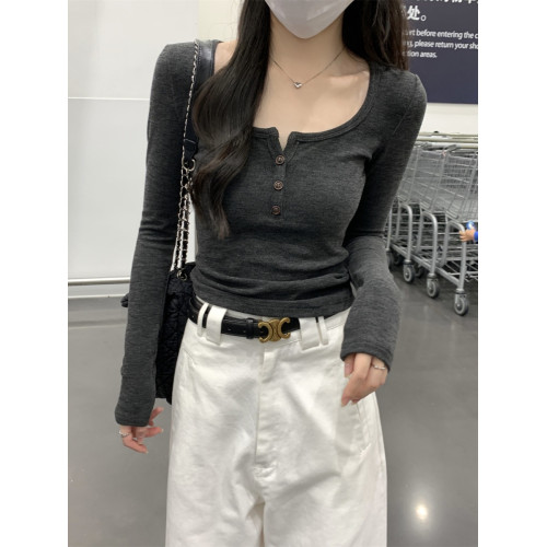 灰色德絨方領正肩長袖T恤女秋冬ins設計感復古氣質內搭打底上衣潮