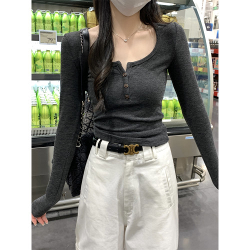 灰色德絨方領正肩長袖T恤女秋冬ins設計感復古氣質內搭打底上衣潮