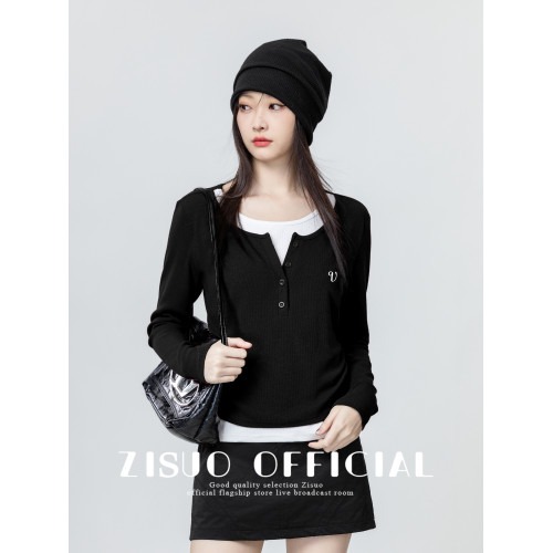 黑色假兩件長袖T恤女2026春秋新款設計感顯瘦內搭打底衫短款上衣