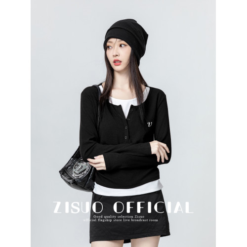 黑色假兩件長袖T恤女2026春秋新款設計感顯瘦內搭打底衫短款上衣