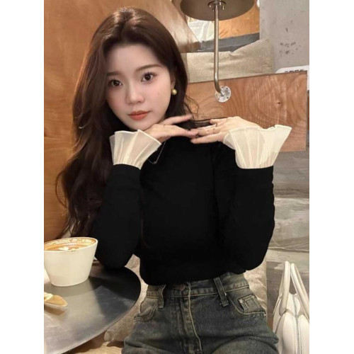 黑色半高領打底衫女秋冬加絨撞色純欲設計感喇叭袖荷葉邊內搭上衣