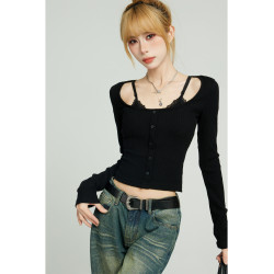 辣妹黑色假兩件蕾絲長袖t恤女早秋修身內搭打底吊帶短款上衣秋季