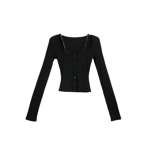 辣妹黑色假兩件蕾絲長袖t恤女早秋修身內搭打底吊帶短款上衣秋季 辣妹黑色假兩件蕾絲長袖t恤女早秋修身內搭打底吊帶短款上衣秋季