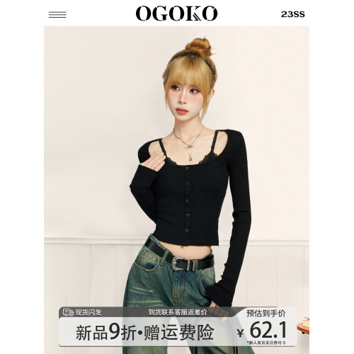 辣妹黑色假兩件蕾絲長袖t恤女早秋修身內搭打底吊帶短款上衣秋季 辣妹黑色假兩件蕾絲長袖t恤女早秋修身內搭打底吊帶短款上衣秋季