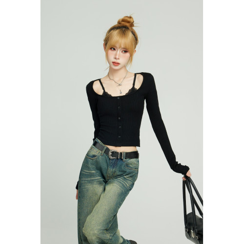 辣妹黑色假兩件蕾絲長袖t恤女早秋修身內搭打底吊帶短款上衣秋季 辣妹黑色假兩件蕾絲長袖t恤女早秋修身內搭打底吊帶短款上衣秋季