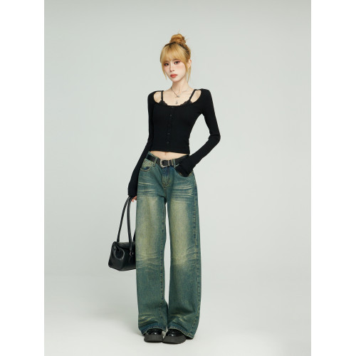 辣妹黑色假兩件蕾絲長袖t恤女早秋修身內搭打底吊帶短款上衣秋季 辣妹黑色假兩件蕾絲長袖t恤女早秋修身內搭打底吊帶短款上衣秋季