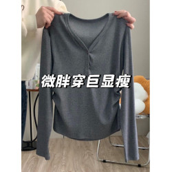 大碼V領長袖灰色t恤女秋季正肩內搭打底衫胖MM遮肚子寬松顯瘦上衣