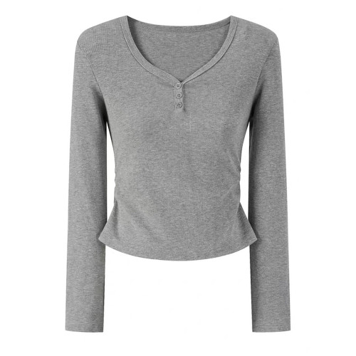 大碼V領長袖灰色t恤女秋季正肩內搭打底衫胖MM遮肚子寬松顯瘦上衣 大碼V領長袖灰色t恤女秋季正肩內搭打底衫胖MM遮肚子寬松顯瘦上衣