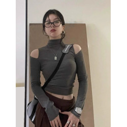 甜酷辣妹半高領長袖露肩緊身T恤女設計感露臍jazz上衣美式打底衫