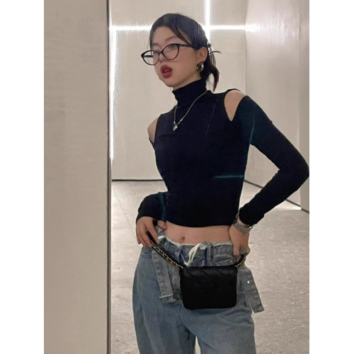 甜酷辣妹半高領長袖露肩緊身T恤女設計感露臍jazz上衣美式打底衫 甜酷辣妹半高領長袖露肩緊身T恤女設計感露臍jazz上衣美式打底衫