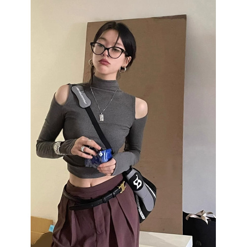 甜酷辣妹半高領長袖露肩緊身T恤女設計感露臍jazz上衣美式打底衫 甜酷辣妹半高領長袖露肩緊身T恤女設計感露臍jazz上衣美式打底衫