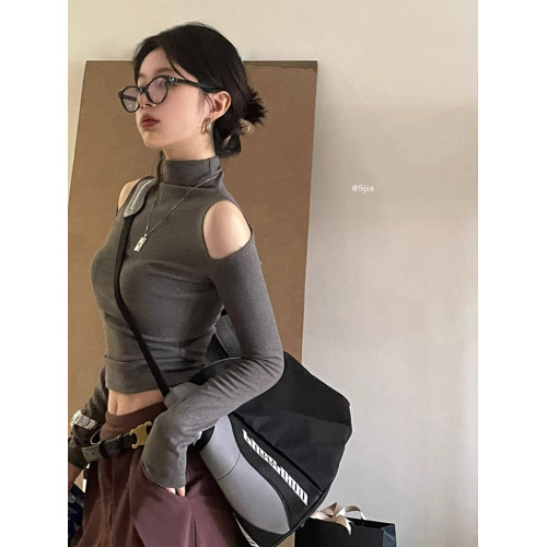 甜酷辣妹半高領長袖露肩緊身T恤女設計感露臍jazz上衣美式打底衫 甜酷辣妹半高領長袖露肩緊身T恤女設計感露臍jazz上衣美式打底衫