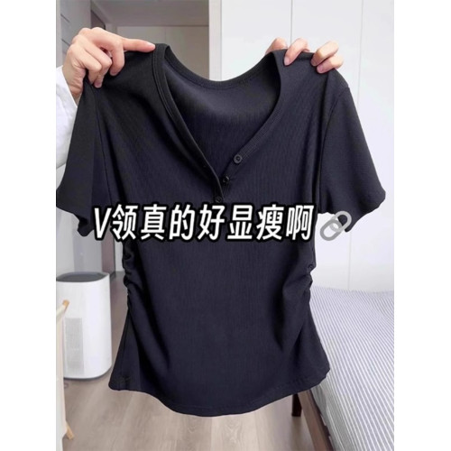 大碼純棉V領黑色短袖T恤女2025年夏季胖mm收腰顯瘦設計感排釦上衣