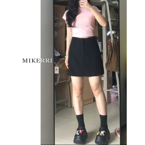 黑色西裝短裙女夏季大碼胖mm高腰顯瘦梨型身材遮肚子a字半身裙子 黑色西裝短裙女夏季大碼胖mm高腰顯瘦梨型身材遮肚子a字半身裙子