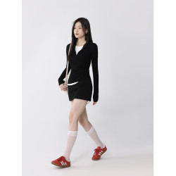 Creamsu敘白 修身內搭拉鍊v領假兩件長袖打底衫t恤2025秋款上衣女