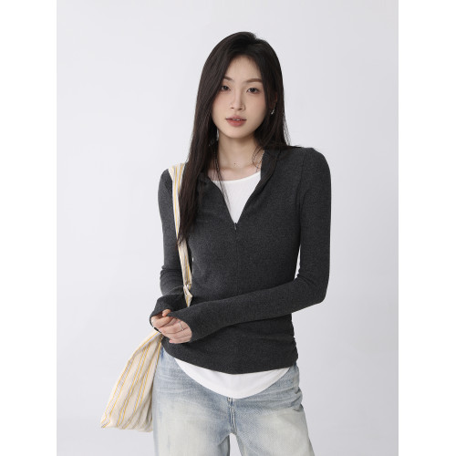 Creamsu敘白 修身內搭拉鍊v領假兩件長袖打底衫t恤2025秋款上衣女