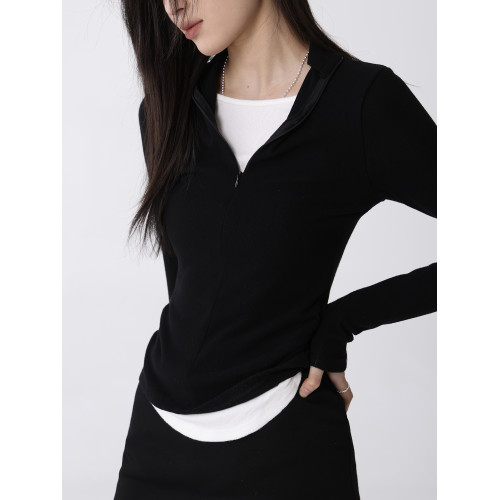 Creamsu敘白 修身內搭拉鍊v領假兩件長袖打底衫t恤2025秋款上衣女