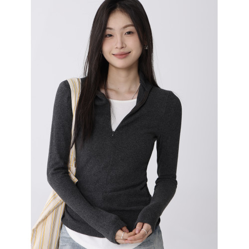 Creamsu敘白 修身內搭拉鍊v領假兩件長袖打底衫t恤2025秋款上衣女