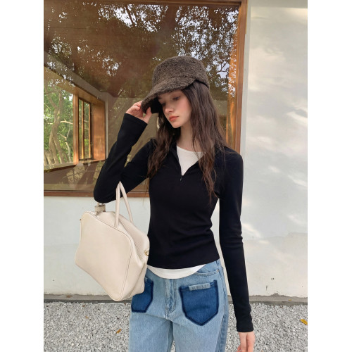 CRUCREAMSU 修身內搭拉鍊v領假兩件長袖打底衫t恤2026春款上衣女 CRUCREAMSU 修身內搭拉鍊v領假兩件長袖打底衫t恤2026春款上衣女