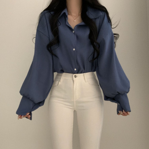 大碼法式氣質泡泡袖長袖襯衫早秋款胖mm寬松顯瘦設計感小衆上衣女