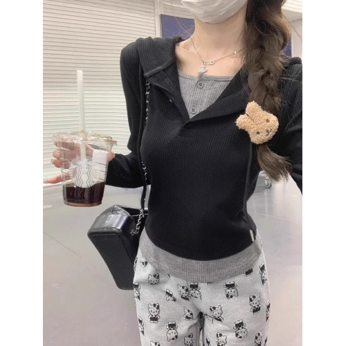 假兩件衛衣長袖t恤女秋冬2025新款修身設計感小衆打底衫連帽上衣 假兩件衛衣長袖t恤女秋冬2025新款修身設計感小衆打底衫連帽上衣