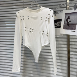 網紅同款2025秋季新款辣妹金屬鉚釘設計連體底褲修身長袖T恤衫女