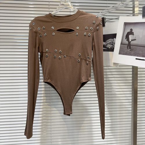 網紅同款2025秋季新款辣妹金屬鉚釘設計連體底褲修身長袖T恤衫女