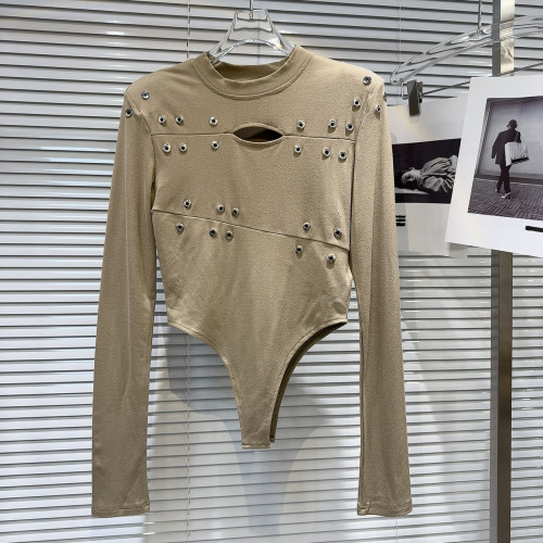 網紅同款2025秋季新款辣妹金屬鉚釘設計連體底褲修身長袖T恤衫女