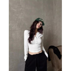 v領排釦修身設計感上衣女春秋白色棉質內搭長袖打底衫短款正肩T恤