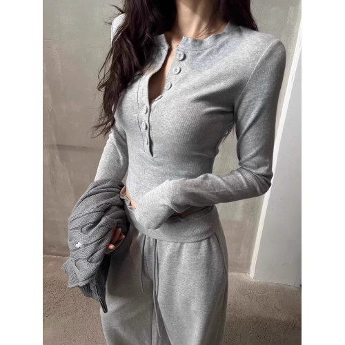 v領排釦修身設計感上衣女春秋白色棉質內搭長袖打底衫短款正肩T恤