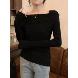 一字肩針織T恤打底衫女早春不規則內搭毛衣法式正肩鎖骨長袖上衣