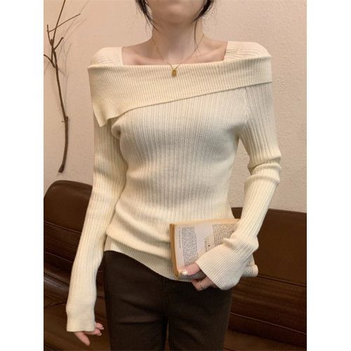 一字肩針織T恤打底衫女早春不規則內搭毛衣法式正肩鎖骨長袖上衣