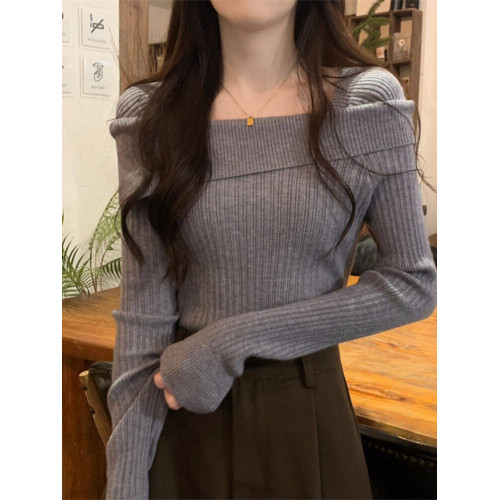 一字肩針織T恤打底衫女早春不規則內搭毛衣法式正肩鎖骨長袖上衣