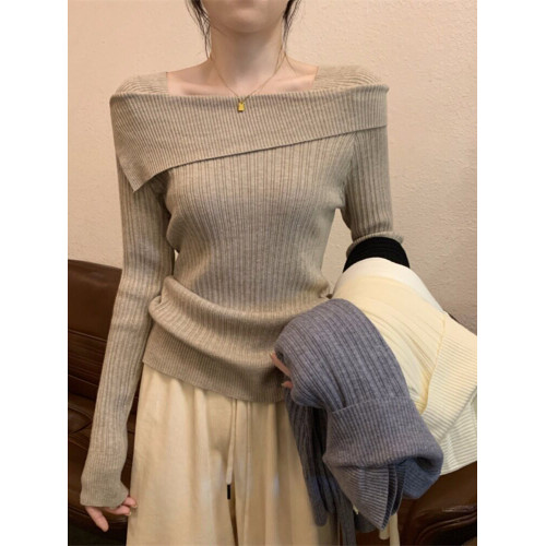 一字肩針織T恤打底衫女早春不規則內搭毛衣法式正肩鎖骨長袖上衣