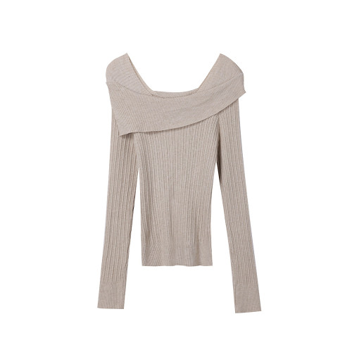 一字肩針織T恤打底衫女早春不規則內搭毛衣法式正肩鎖骨長袖上衣