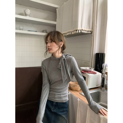 你好卡農 立領綁帶修身針織打底衫女秋冬新款設計感內搭長袖上衣