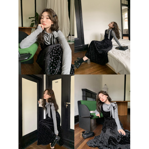 你好卡農 立領綁帶修身針織打底衫女秋冬新款設計感內搭長袖上衣