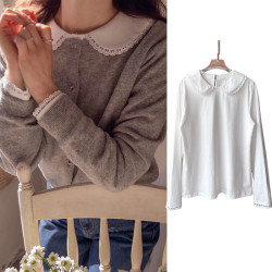 純棉蕾絲花邊拼接翻領娃娃領長袖打底衫T恤女上衣寬松襯衫白色潮