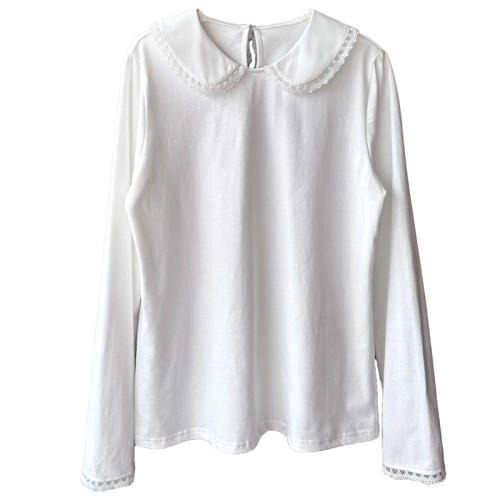純棉蕾絲花邊拼接翻領娃娃領長袖打底衫T恤女上衣寬松襯衫白色潮