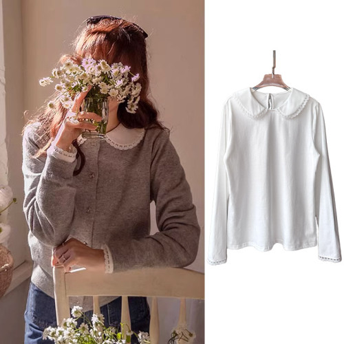 純棉蕾絲花邊拼接翻領娃娃領長袖打底衫T恤女上衣寬松襯衫白色潮