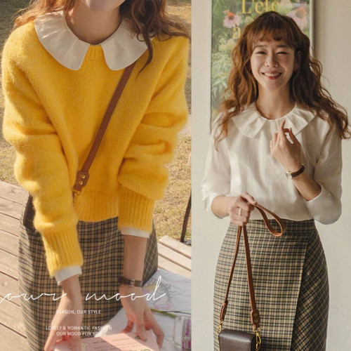 純棉蕾絲花邊拼接翻領娃娃領長袖打底衫T恤女上衣寬松襯衫白色潮