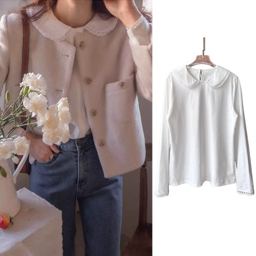 純棉蕾絲花邊拼接翻領娃娃領長袖打底衫T恤女上衣寬松襯衫白色潮