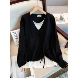 早秋季新款中長款拼接假兩件條紋設計感胖MM2-300斤超大碼上衣T恤