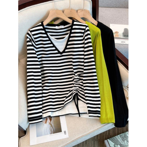 早秋季新款中長款拼接假兩件條紋設計感胖MM2-300斤超大碼上衣T恤