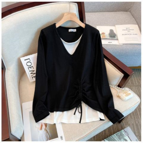 早秋季新款中長款拼接假兩件條紋設計感胖MM2-300斤超大碼上衣T恤